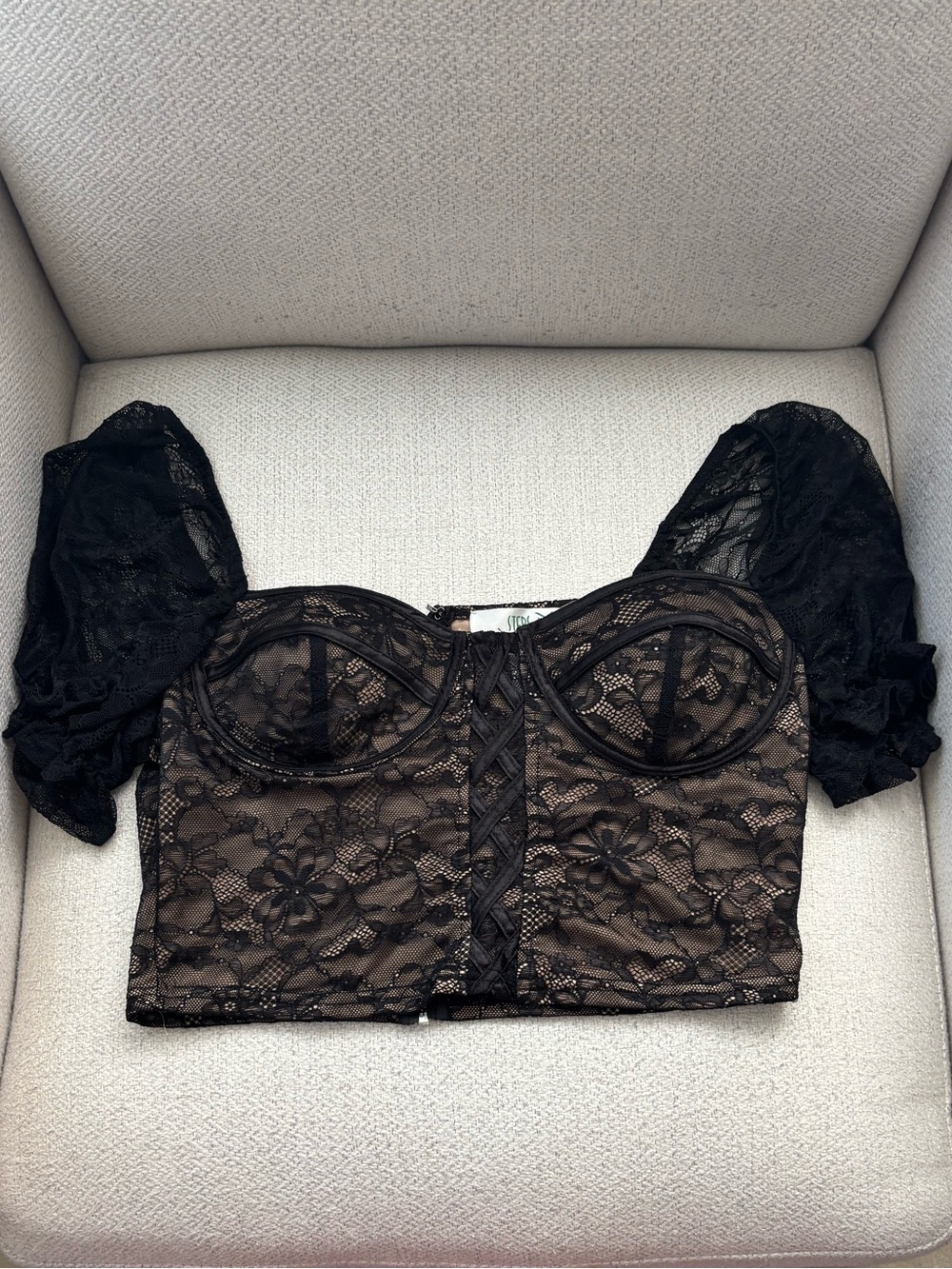 Black Lace Bustier Crop Top with Sheer Puff Sleeves